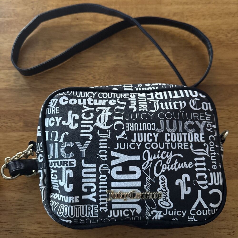 Juicy Couture Word Search Black & White Camera Crossbody purse Bag NWT